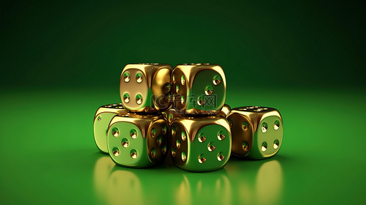 充满活力的绿色背景下赌场概念的金色骰子的 3D 插图