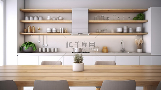厨房背景背景图片_时尚时尚的现代厨房内饰，配有木质桌面，背景模糊 3D 渲染