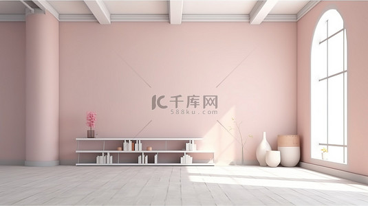 简单的室内设计 3D 渲染一个没有家具的房间，有浅粉色的地板和灰色的墙壁