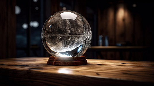 晚安背景图片_3d 渲染中的月亮水晶球放在木桌上