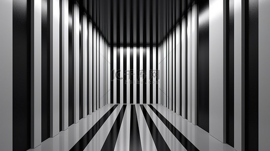 3D 渲染中的现代白色和黑色平行竖条图案墙地板背景