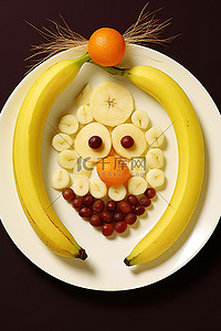 盘子里有香蕉胡萝卜和苹果