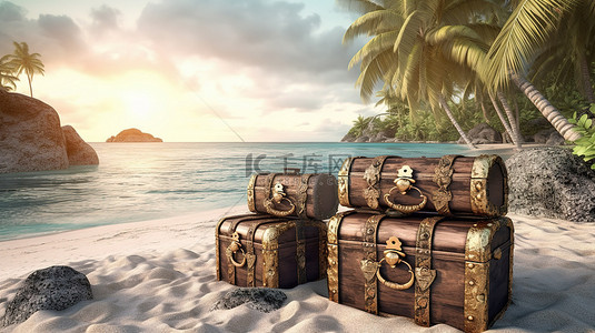 海盗的奖品是放置在荒岛沙滩海岸线上的木制宝箱的 3D 渲染图