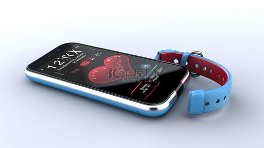 程序小背景图片_白色背景的 3D 渲染，带有蓝色健身追踪器手镯红心和带有健身应用程序的手机