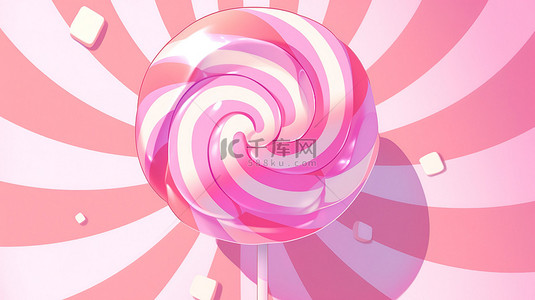 一个可爱的 3d 卡通棒棒糖，在粉红色的径向条纹图案背景上进行了说明