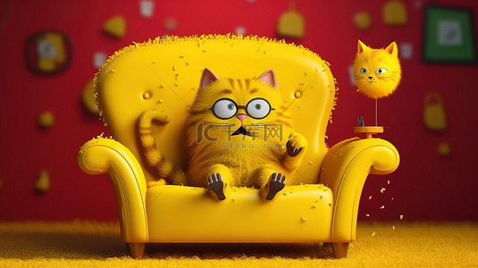 卡通人物躺在黄色沙发上浏览手机，同时抚摸一只可爱的猫