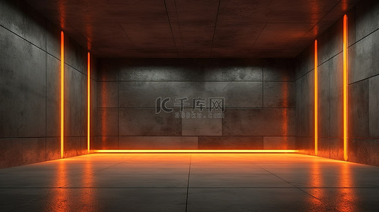 3D 渲染一个无人居住的空间，配有混凝土墙和充满活力的橙色霓虹灯