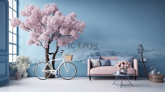 蓝色花田背景图片_一辆装饰在蓝色抽象客厅中的自行车，配有逼真的花云，令人惊叹的混合媒体创作