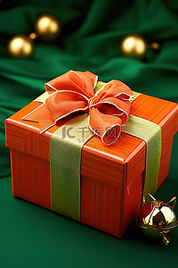 圣诞节背景图片_一个红色礼品盒位于绿色蝴蝶结旁边