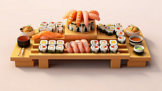 传统日本寿司拼盘的 3d 渲染