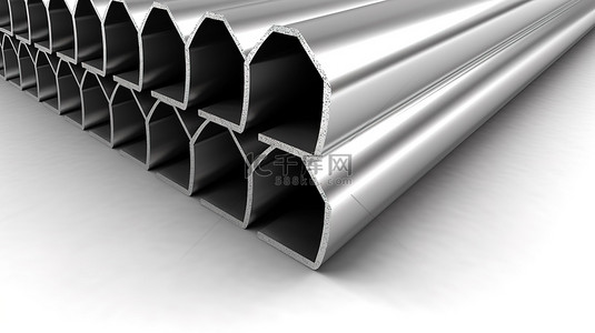 钢管工厂背景图片_白色背景镀锌和不锈钢产品上的 3D 渲染金属型材