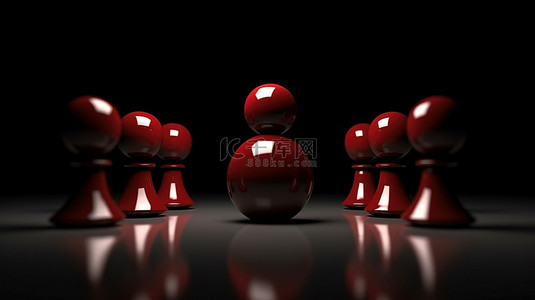 象征领导力概念的红色棋子在黑色背景下以 3D 渲染