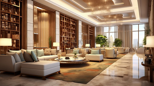 豪华五星级酒店的 3D 渲染，设有时尚的休息区