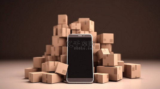 服务背景图片_智能手机和包裹的 3D 渲染，代表用纸板箱在线购物的概念