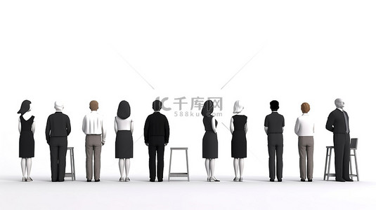 一间空教室的 3D 插图，上面有黑板，白色背景上有一排男女教师