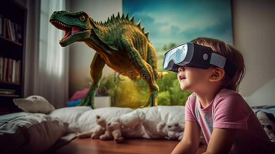孩子在家通过VR眼镜体验虚拟现实恐龙的快感