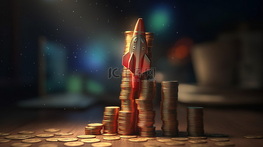 创业融资计划书背景图片_将您的业务推向新的高度带有火箭 3D 渲染的硬币堆