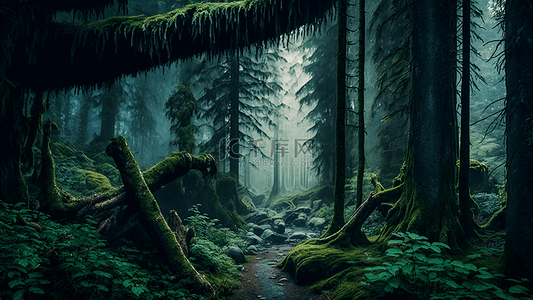 森林背景图片_原始森林绿色插画