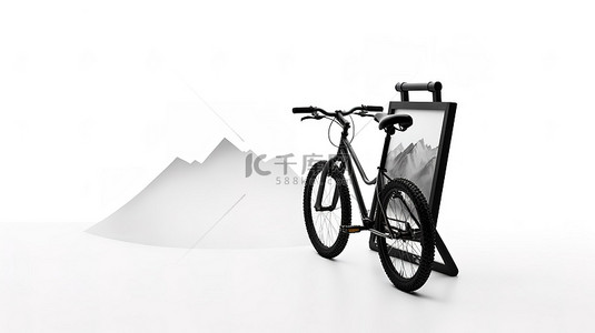 白色背景下带有户外黑板和黑白山地自行车的自行车租赁显示屏的 3D 渲染