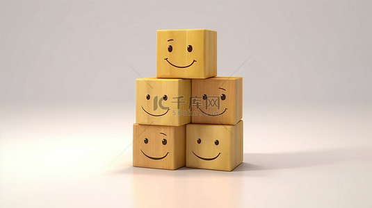 白色背景上带有幸福笑容的木立方体的 3D 插图，象征着积极的客户服务评估