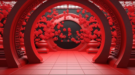 充满活力的红色中国新年隧道，有充足的空间进行庆祝 3D 渲染