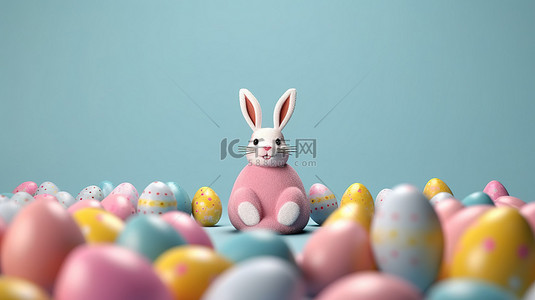 鸡蛋背景图片_复活节兔子耳朵和浮动复活节彩蛋的 3D 插图，具有充足的复制空间