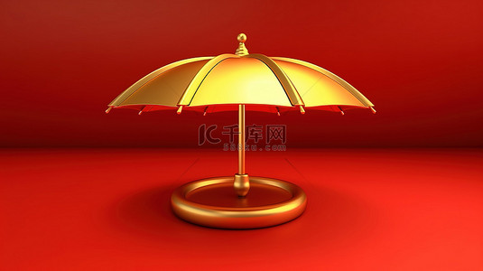 3D 渲染社交媒体图标金色雨伞符号在哑光红色和金色板上
