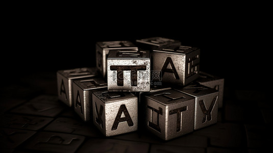 可视化税金属 3D 立方体，在黑色背景上以垃圾风格刻有铭文