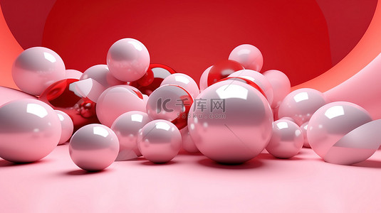 模糊的背景在抽象 3D 插图中展示粉色和白色渐变上的纹理红色球体