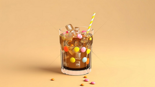 米色背景 3d 渲染上带冰吸管和糖果的清凉饮料
