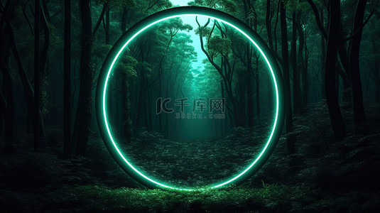 五颜六色的边框背景图片_1 森林中发光的霓虹灯框架，发光的 3D 渲染