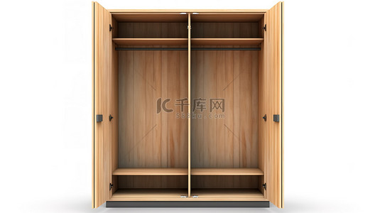 家具背景图片_白色背景的 3D 插图，带有一个打开且空的独立木制衣柜
