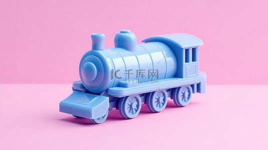 在粉红色背景 3D 渲染图像上为儿童模拟双色调蓝色塑料玩具火车