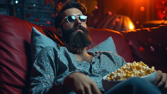 戴眼镜留着胡子的家伙懒洋洋地躺在沙发上，在家享受爆米花电影之夜
