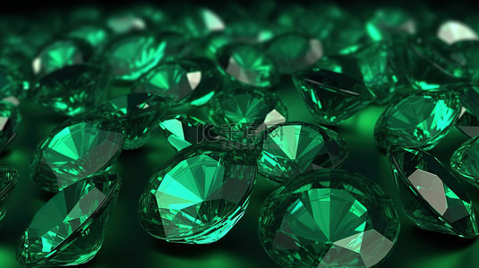 丰富的绿色背景上一组祖母绿钻石的 3D 插图