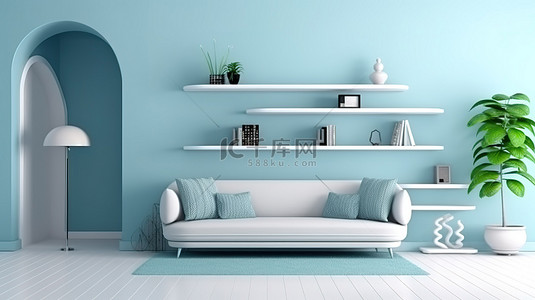 3D 渲染别致的白色和蓝色走廊，配有舒适的沙发和装饰有室内装饰的时尚架子