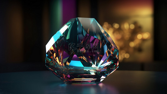 逼真的 3D 玻璃物体，具有色散和虹彩效果，迷人的光折射和时尚奢华的背景