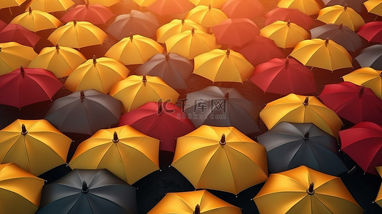 独特的红色雨伞在黄色海洋中脱颖而出，象征着 3D 渲染的领导力和独特性