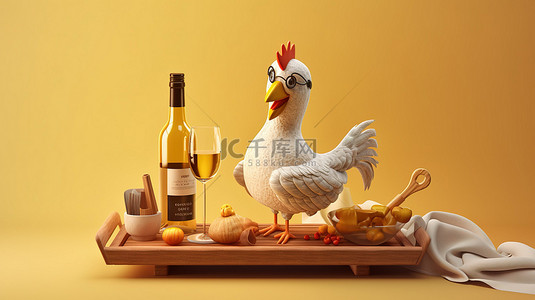 酒背景图片_幽默的 3d 鸡在托盘上携带酒瓶