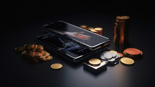可视化省钱概念从商店到电话银行硬币和信用卡转账的 3D 渲染