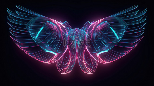 天使翅膀背景图片_3d 中的未来主义和抽象粉色和蓝色霓虹灯几何翅膀