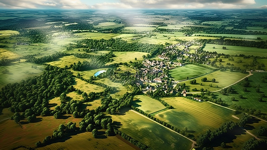 广阔背景图片_鸟瞰翠绿的英国乡村，拥有广阔的草地和翠绿的树木，令人惊叹的 3D 重新想象