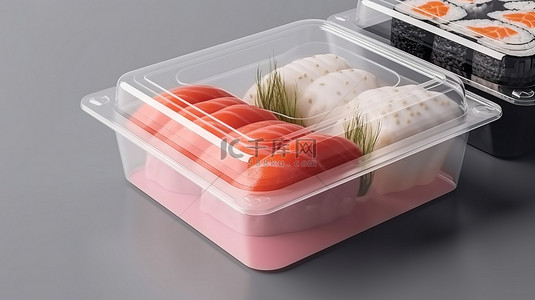 逼真的 3D 渲染一次性方形食品容器，带有透明盖，非常适合寿司交付和午餐外卖，并配有隔离的空白白纸包装
