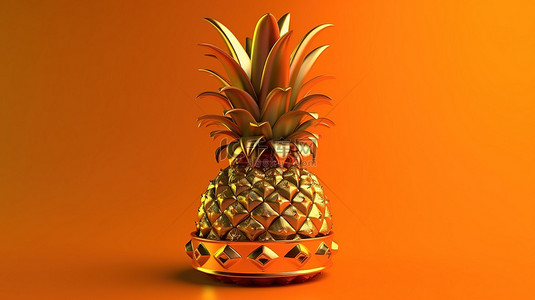 鲜美的热带菠萝，带有金冠，在鲜艳的橙色背景下充满营养 3D 渲染图像