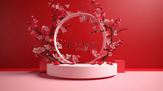 3D 几何基座饰有樱花，背景为充满活力的红色背景，用于展示产品