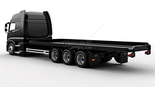 白色背景的 3D 渲染，配有一辆黑色卡车，带有用于运输赛艇的拖车