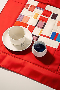 红色和白色餐垫，配有陶瓷盘和杯子