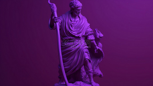 生动的紫罗兰色雕像在 3d 渲染与左背景上的棍子口音