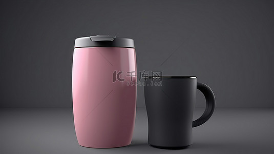 灰色背景美食背景图片_孤立的灰色背景，在 3D 渲染中有醒目的粉红色咖啡和茶杯