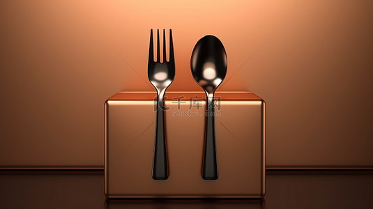 金色奢华背景图片_带金属铜叉子和勺子的最小方形讲台的抽象 3D 渲染